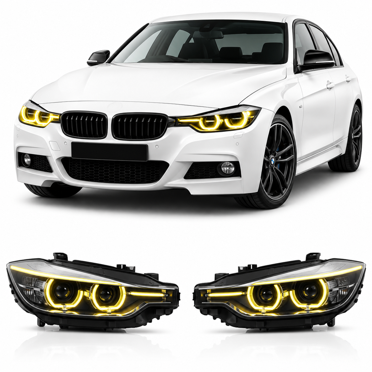 Vekto RGB LED DRL module installed in BMW F30/F31/F35 pre-LCI headlights for 2012-2015 BMW 3 Series, showing bright LED accents.