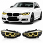 Vekto RGB LED DRL module installed in BMW F30/F31/F35 pre-LCI headlights for 2012-2015 BMW 3 Series, showing bright LED accents.