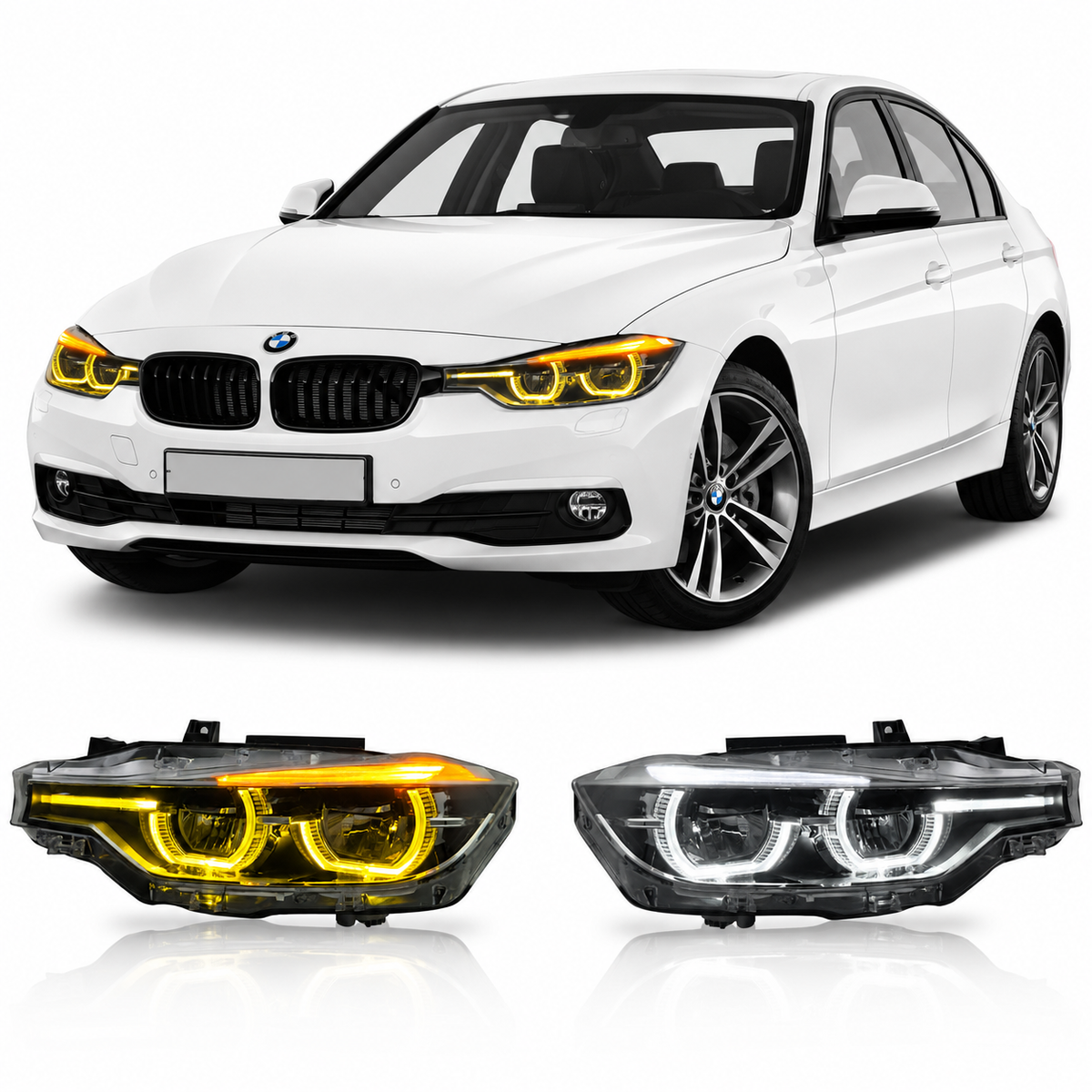 Vekto dual-color LED headlights for BMW 3 Series F30/F35 (2013-2018), showcasing modern headlamp design and lighting features.