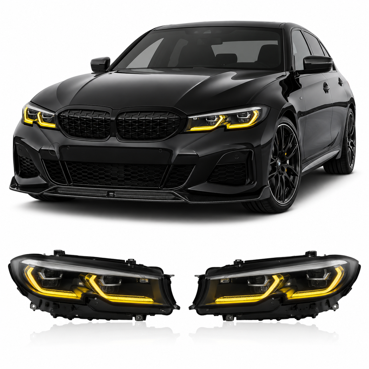 Yellow LED DRL headlight modules with heatsink for BMW G20 G21 G28 3 Series (2020-2022) by Vekto.