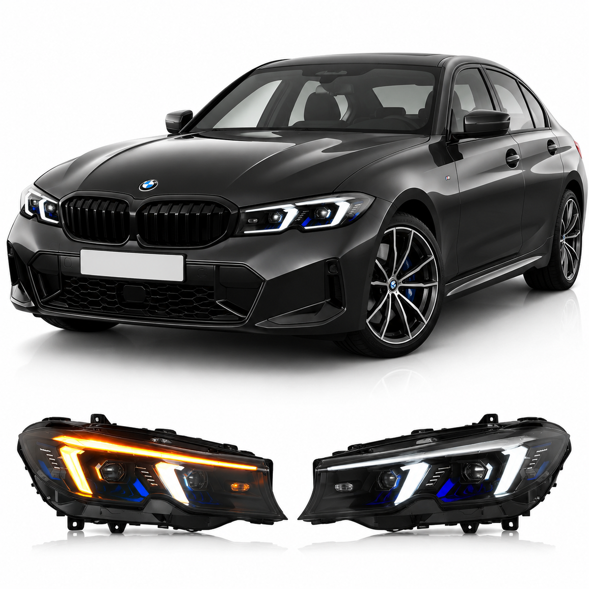 Vekto dual color snake eyes LED headlights assembly for BMW 3 Series G20 G28 2019-2022, front view of headlight unit