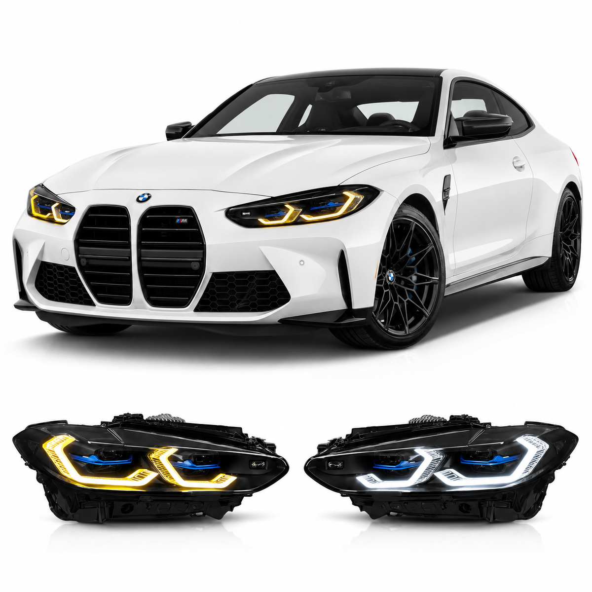 Vekto dual color LED headlights assembly for BMW 4 Series G22, M3 G80, M4 G82, showcasing modern laser-style headlight design.