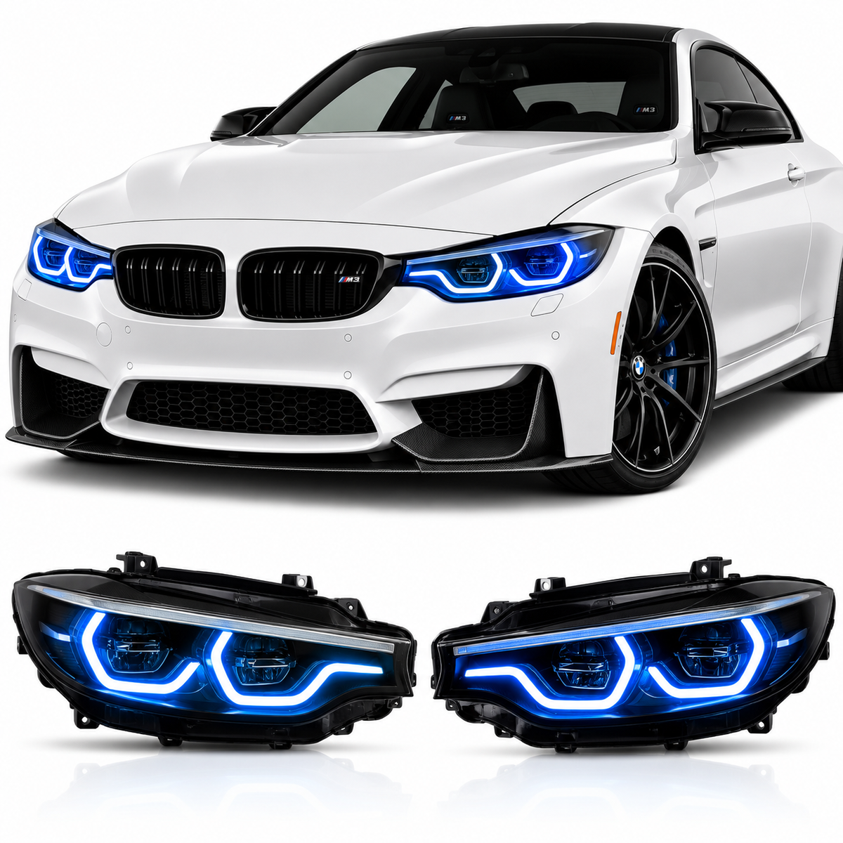 Vekto RGB LED DRL module kit installed in BMW F80 M3 and F82/F83 M4 headlights, 2018-2020 model, showcasing customizable lighting.