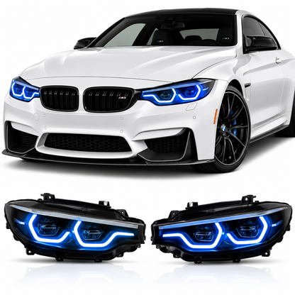 Vekto RGB LED DRL module kit installed in BMW F80 M3 and F82/F83 M4 headlights, 2018-2020 model, showcasing customizable lighting.
