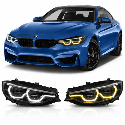 Vekto dual-color CSL LED DRL modules installed in BMW F32 F33 F36 F80 F82 F83 headlights, showcasing modern daytime running lights.