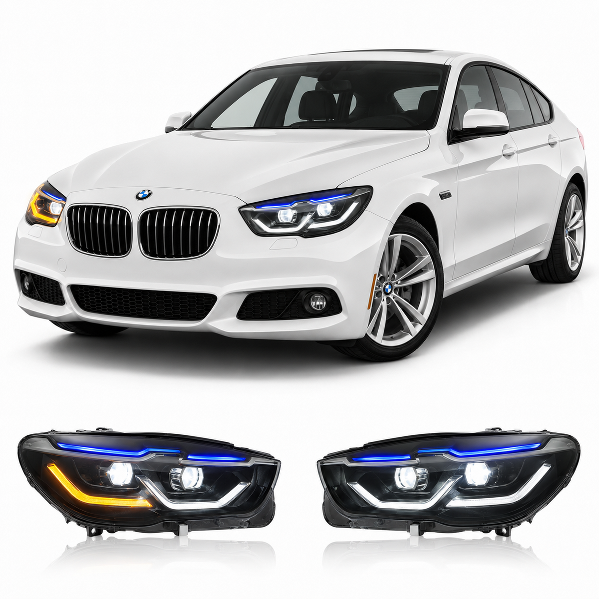 Vekto full LED headlights assembly for BMW 5 Series F07 GT 2010-2017, showing the headlight with LED design and clear lens