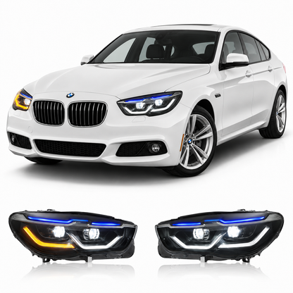 Vekto full LED headlights assembly for BMW 5 Series F07 GT 2010-2017, showing the headlight with LED design and clear lens