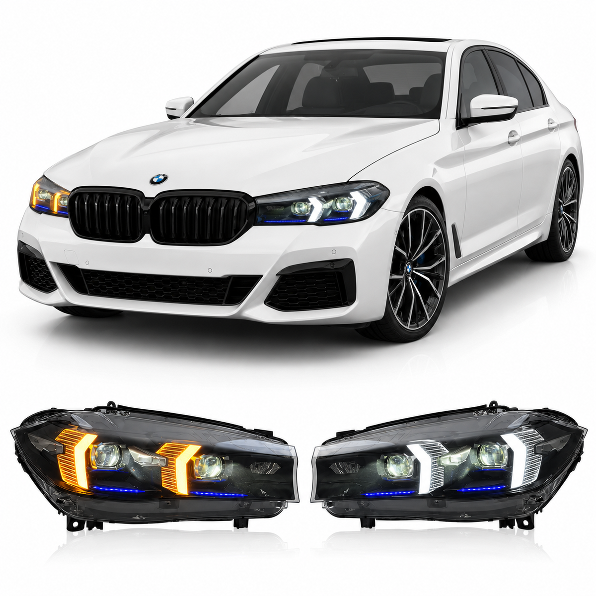 Dual color LED headlight assembly for BMW 5 Series G30 G38 (2018–2020) by Vekto, showing the headlight with LED lighting elements.