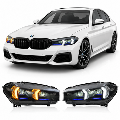 Dual color LED headlight assembly for BMW 5 Series G30 G38 (2018–2020) by Vekto, showing the headlight with LED lighting elements.