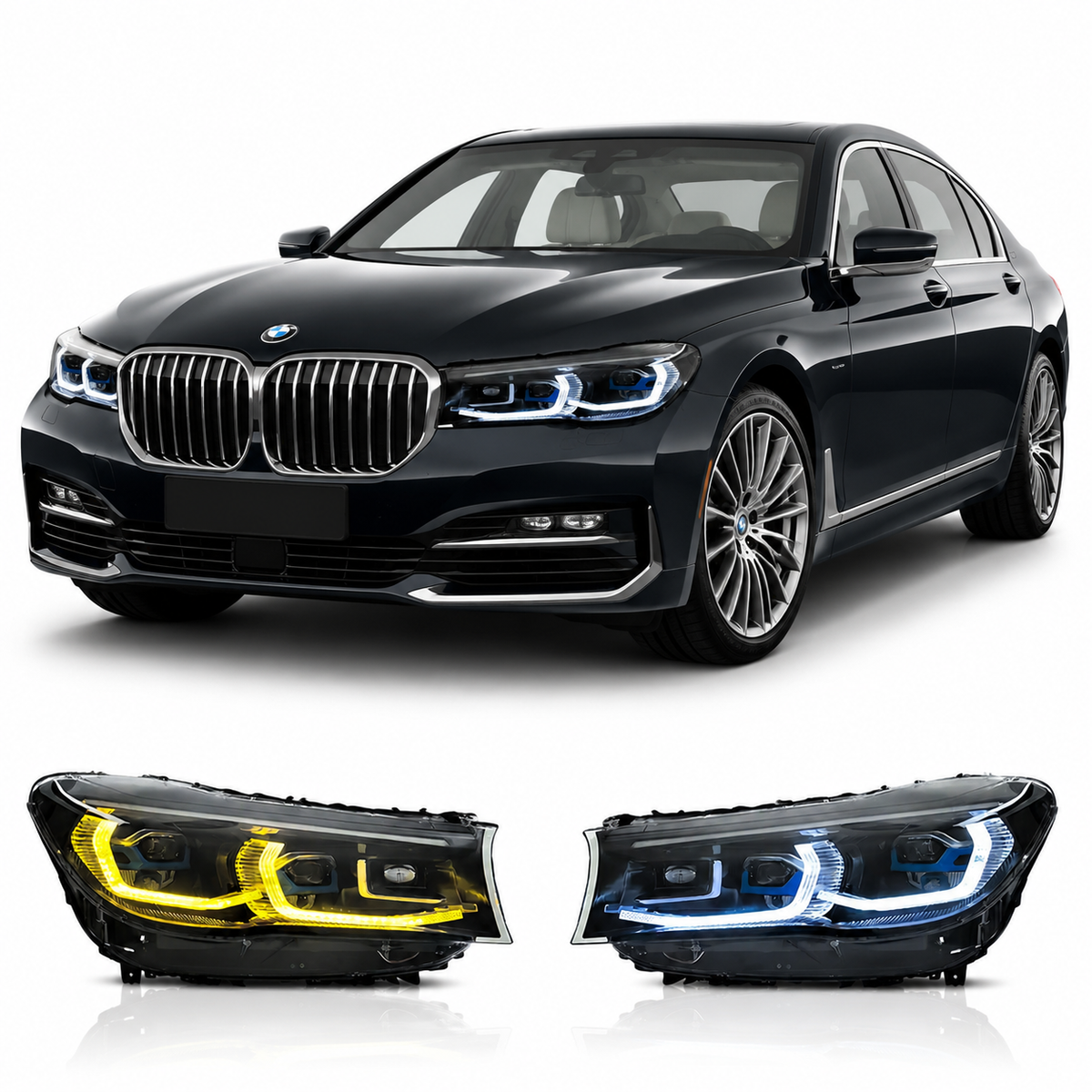 Vekto dual color LED headlights for BMW 7 Series G12 (2016-2018) showing front view with bright LED lighting elements.