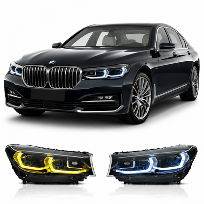 Vekto dual color LED headlights for BMW 7 Series G12 (2016-2018) showing front view with bright LED lighting elements.