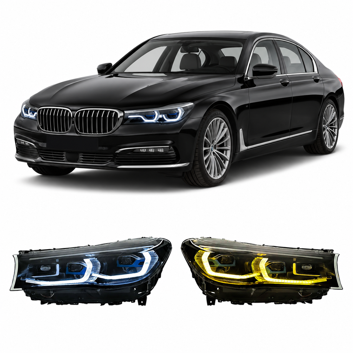 Dual-color LED headlights for BMW 7 Series G12 (2016-2018), Vekto brand, showing the modern design and bright illumination.