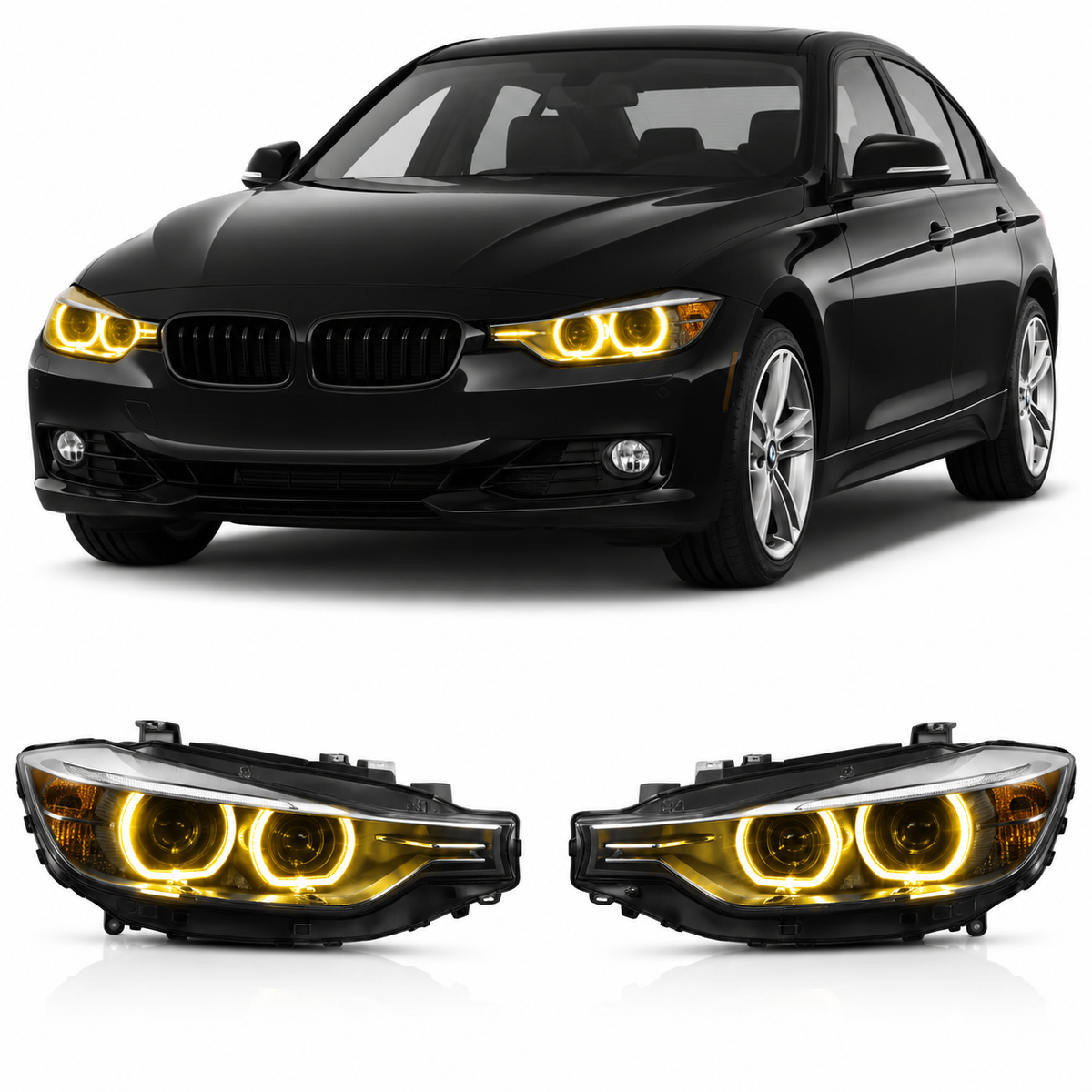 Vekto RGB LED DRL modules installed in BMW F30/F31/F35 pre-LCI xenon headlights, 2012-2015 model with illuminated daytime running lights