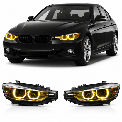 Vekto RGB LED DRL modules installed in BMW F30/F31/F35 pre-LCI xenon headlights, 2012-2015 model with illuminated daytime running lights