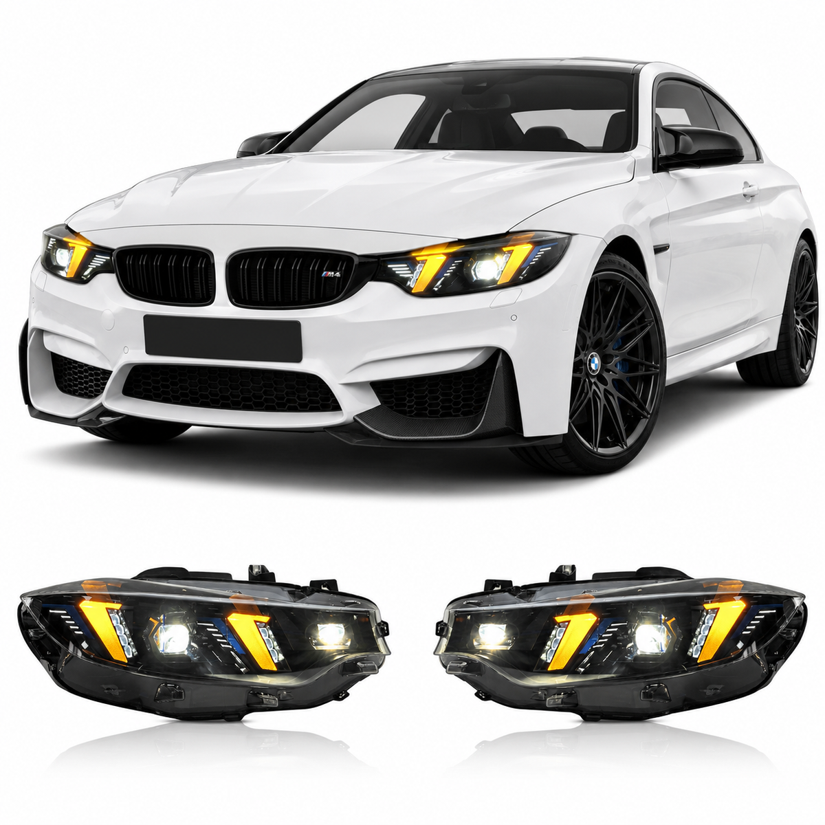 Vekto Snake Eye dual-color LED headlights for BMW F32, F36, F80, F82 M3 & M4 2013-2019, showing headlight assembly and LED design.