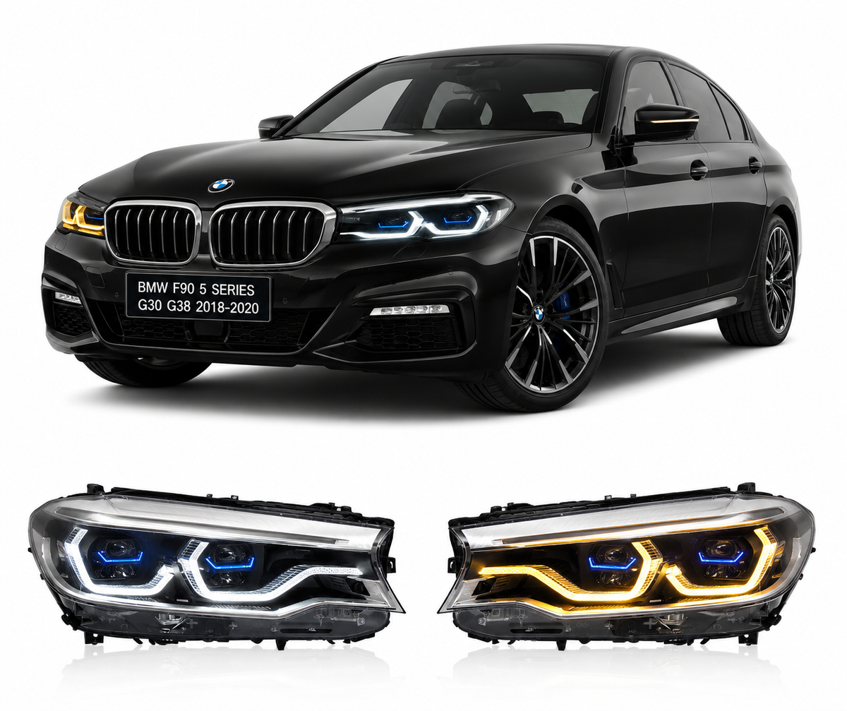 Vekto dual-color LED headlight for BMW 5 Series G30/G38 and M5 F90 2018-2020, showing illuminated headlights with dual-color LEDs