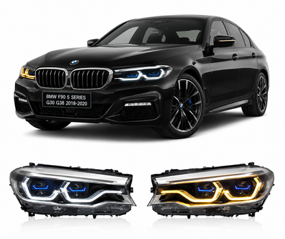 Vekto dual-color LED headlight for BMW 5 Series G30/G38 and M5 F90 2018-2020, showing illuminated headlights with dual-color LEDs