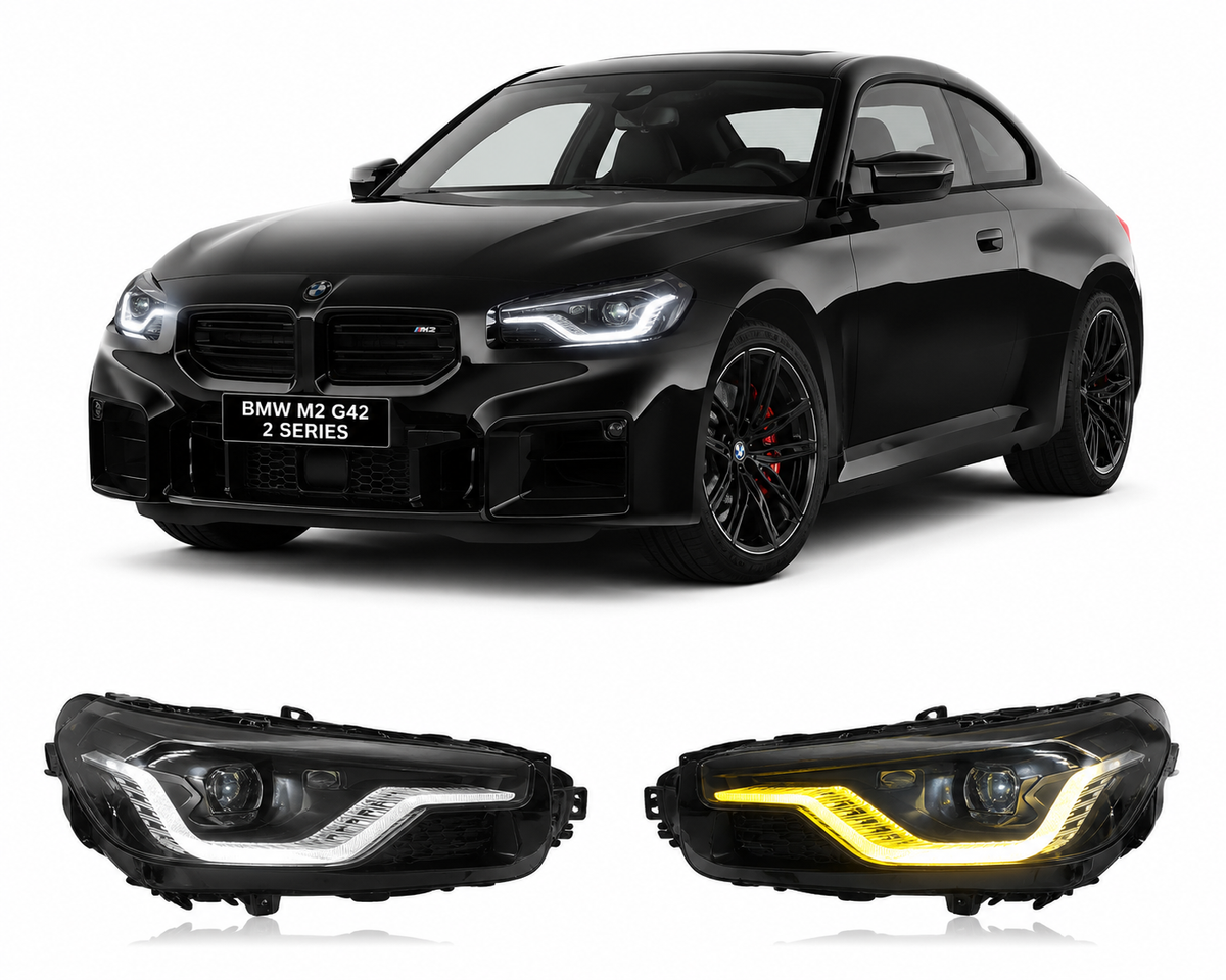 Vekto smoke and shadow laser dual-color LED headlights for BMW M2 G42 and 2 Series 2022+ showing modern headlight design