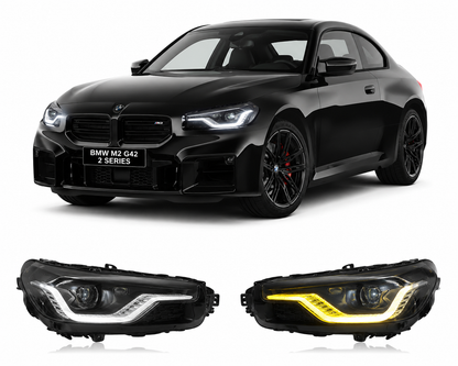 Vekto smoke and shadow laser dual-color LED headlights for BMW M2 G42 and 2 Series 2022+ showing modern headlight design