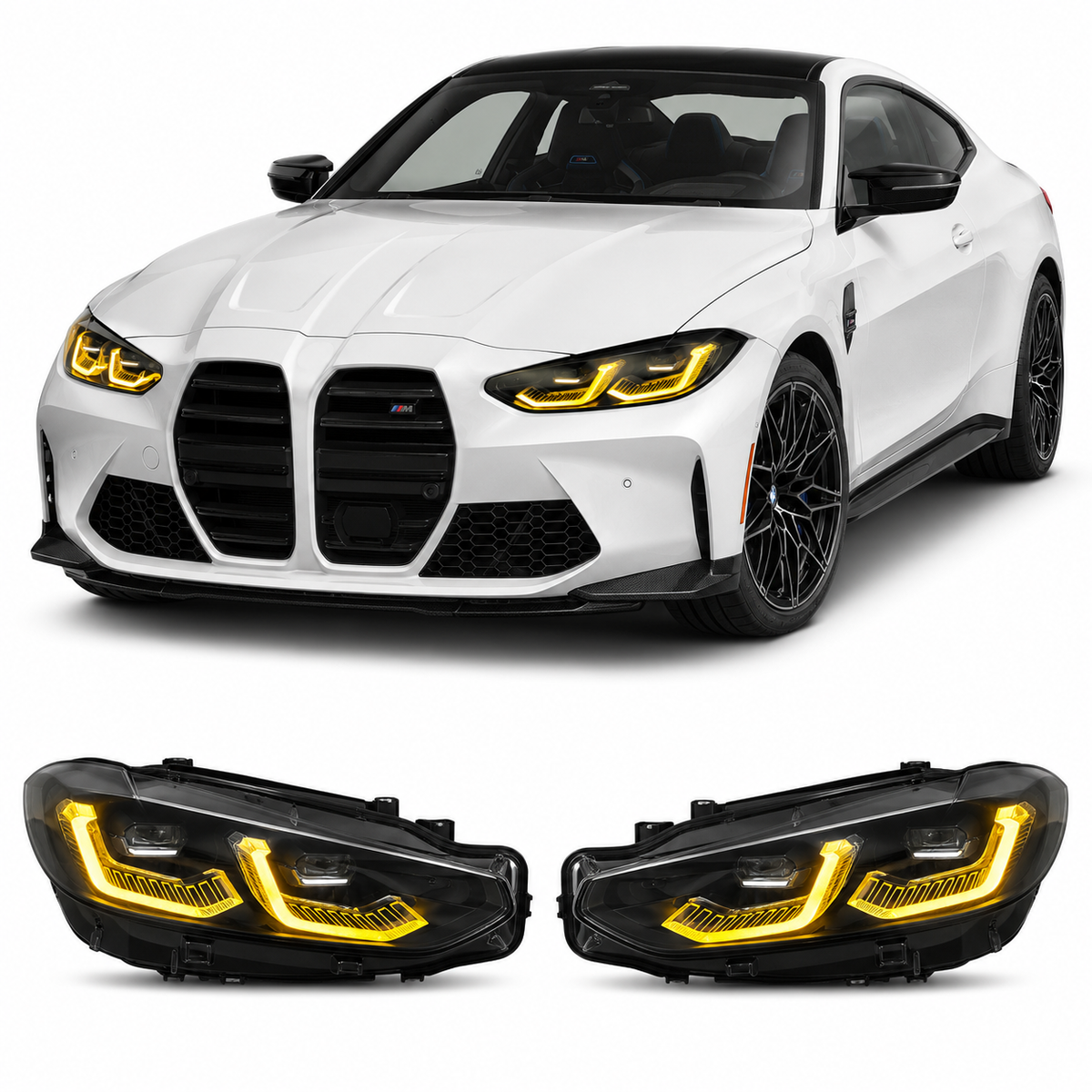 Vekto RGB LED DRL headlight module for BMW G80 M3, G82 M4, G22 G23 G26 4 Series 2021-2023, showing illuminated LED strips