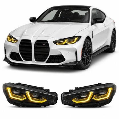 Vekto RGB LED DRL headlight module for BMW G80 M3, G82 M4, G22 G23 G26 4 Series 2021-2023, showing illuminated LED strips
