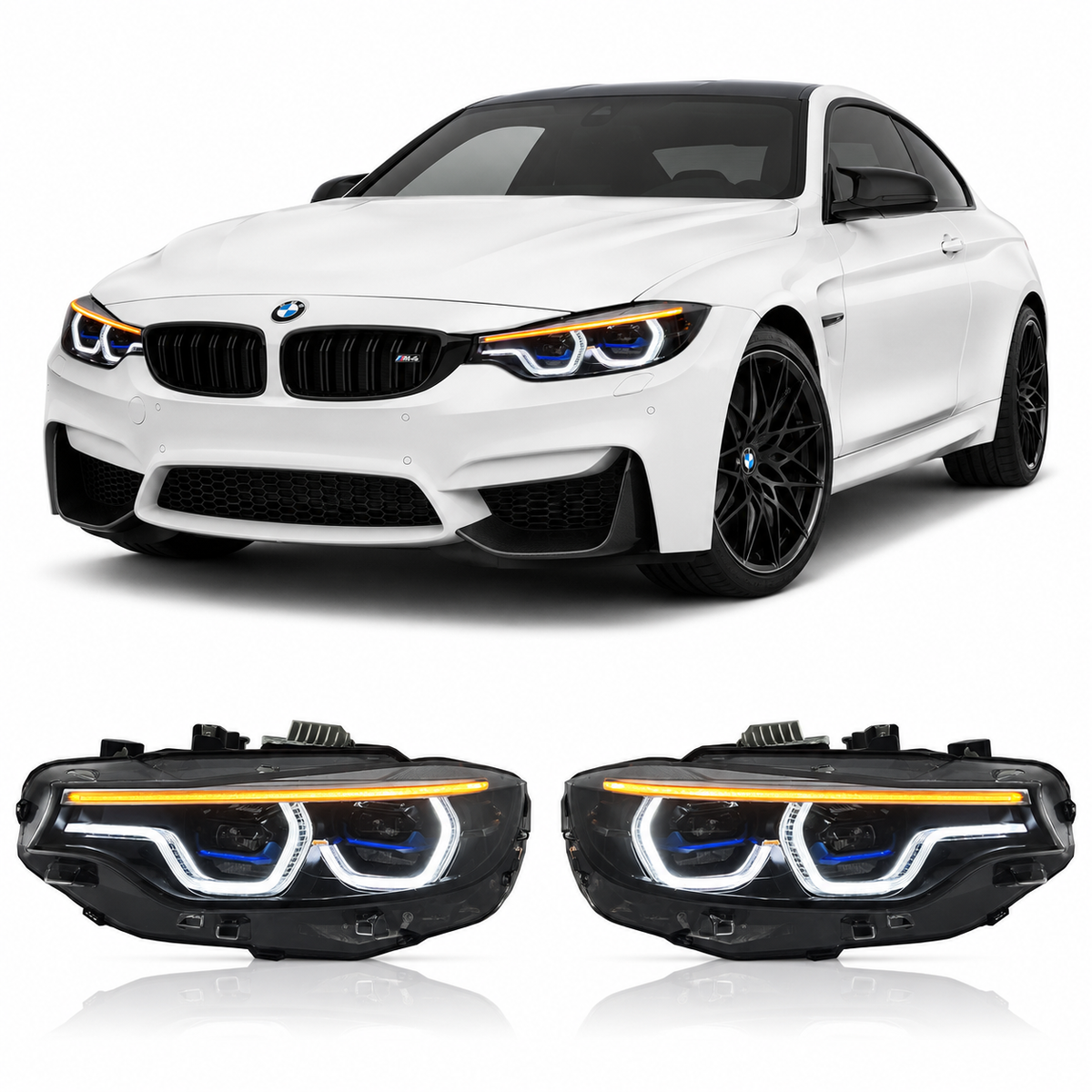 Vekto V3 IKON tri-color LED headlights for BMW M3 M4 F32 F36 F80 F82 2014-2020, showcasing sleek headlight design with color options.