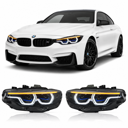 Vekto V3 IKON tri-color LED headlights for BMW M3 M4 F32 F36 F80 F82 2014-2020, showcasing sleek headlight design with color options.