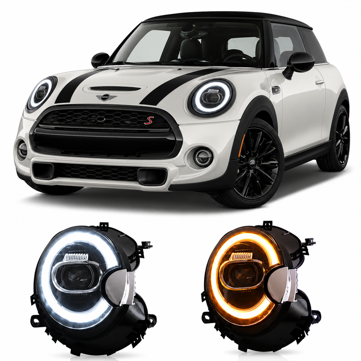 Vekto LED headlights assembly for BMW Mini R55 R56 R57 (2007–2013), showing the upgraded headlight units with modern LED design.