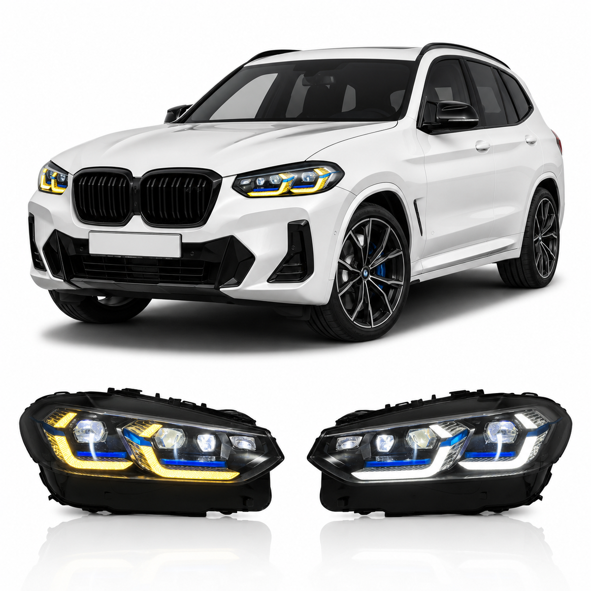 Vekto dual-color LED headlights for BMW X3 G01 2022-2024, showing sleek design and bright illumination on the vehicle's front.