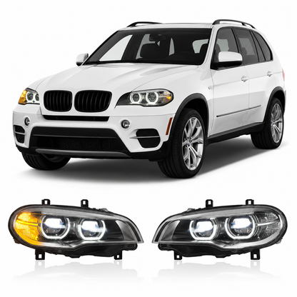 Vekto dual color angel eyes LED headlights assembly for BMW X5 E70 2008-2013, showing the bright LED rings and headlight structure.