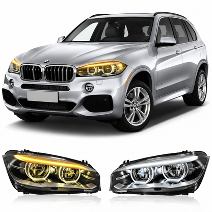 Vekto V2 Dual DRL LED headlight assembly for BMW X5 F15 (2014-2018), showing the LED daytime running lights and headlight design