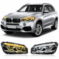 Vekto V2 Dual DRL LED headlight assembly for BMW X5 F15 (2014-2018), showing the LED daytime running lights and headlight design