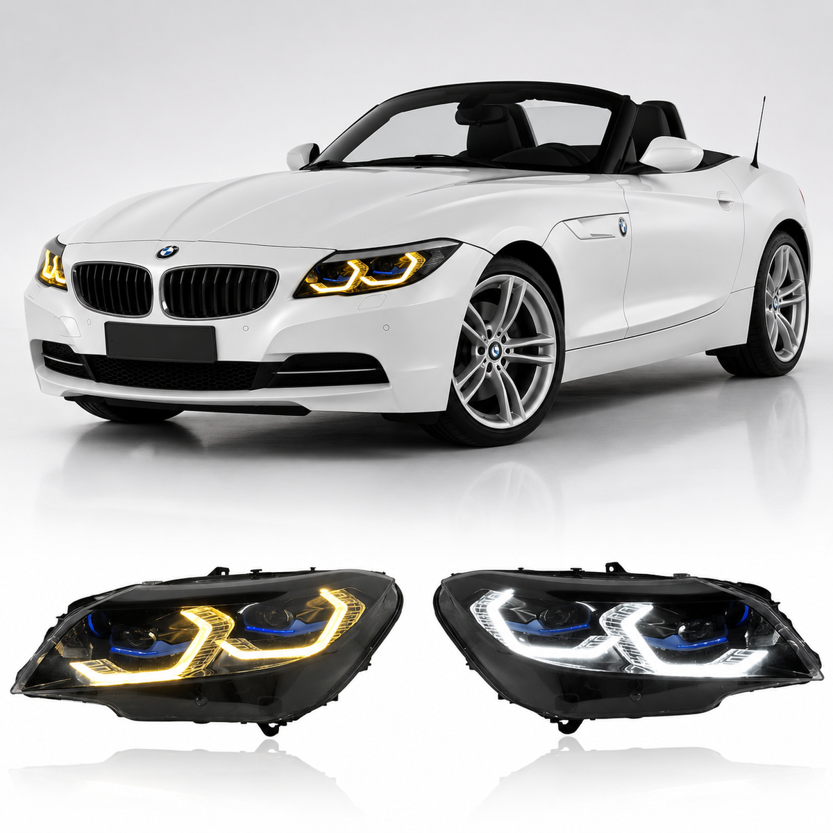 Vekto dual color LED headlight assembly for BMW Z4 E89 with yellow and white DRL, laser style upgrade, plug and play installation