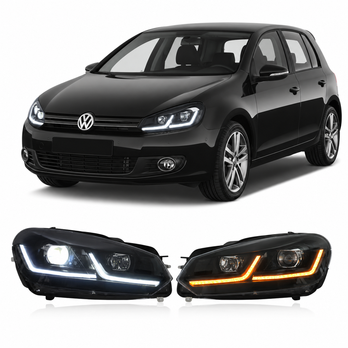 Vekto LED headlights for Volkswagen Golf Mk6 2013-2017, clear and bright headlight assembly with modern design.