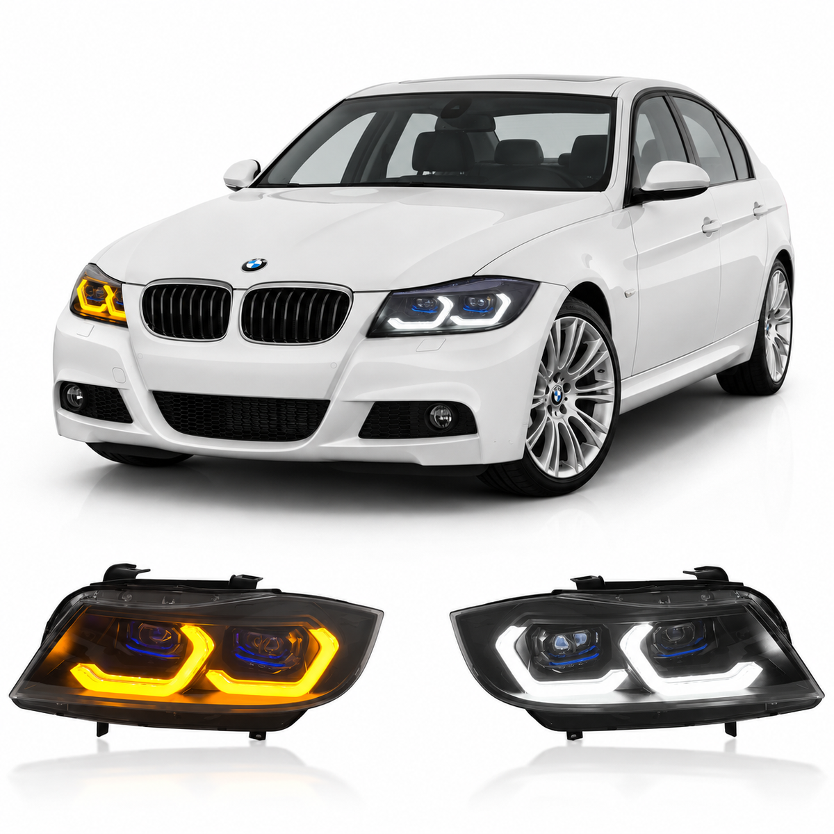 Vekto LED headlights assembly for BMW 3 Series E90 (2005–2012), front view showing modern headlight design with clear lenses.
