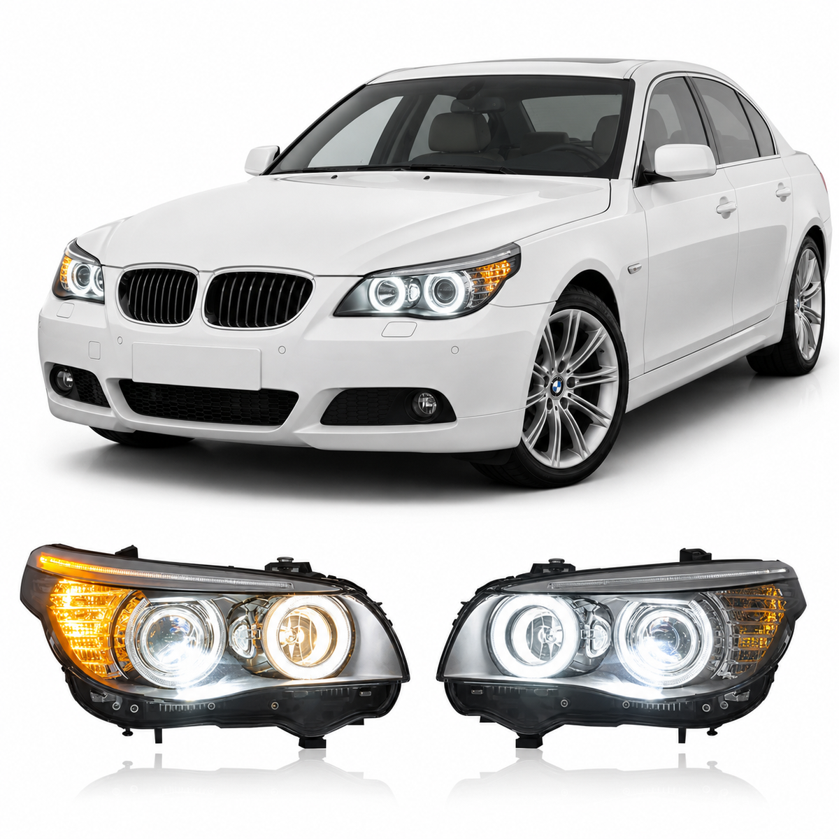 Vekto LED headlights assembly for BMW 5 Series E60 (2003–2010), showing close-up of headlight units with clear lenses and modern design.