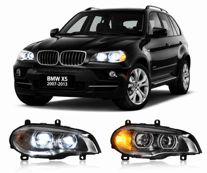 Vekto LED headlight assembly for BMW X5 E70 2007-2013, plug-and-play headlight replacement with clear lens and bright illumination.