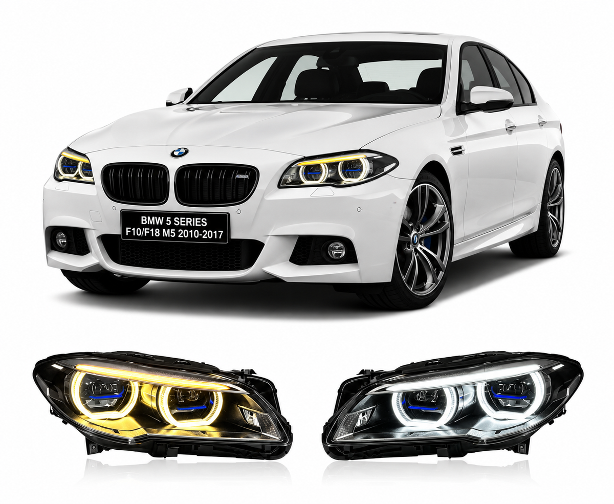 Vekto Angel Eye Laser dual lens bi-color LED headlights for BMW 5 Series F10 F18 M5 2010-2017, showing front view of headlights