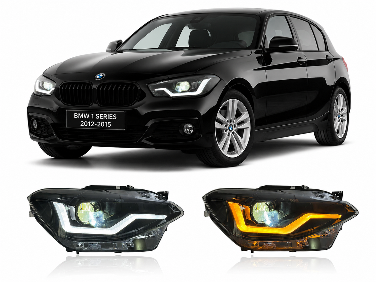Vekto LED headlights for BMW 1 Series F20 2012-2015, showing sleek headlight design with bright LED bulbs.