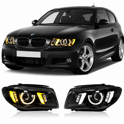 Vekto LED headlights assembly for BMW 1 Series E82 E87 (2004-2011), showing modern headlight units with clear lenses and LED technology.