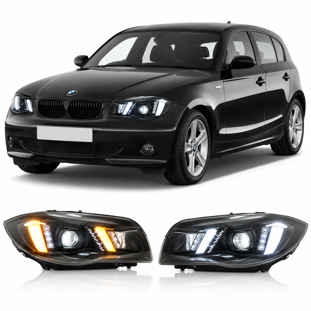 Vekto LED headlights for BMW 1 Series E87 and E82 (2004-2011), showing the sleek headlight design and bright LED bulbs.