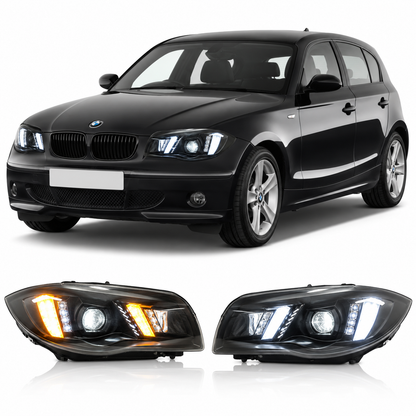 Vekto LED headlights for BMW 1 Series E87 and E82 (2004-2011), showing the sleek headlight design and bright LED bulbs.
