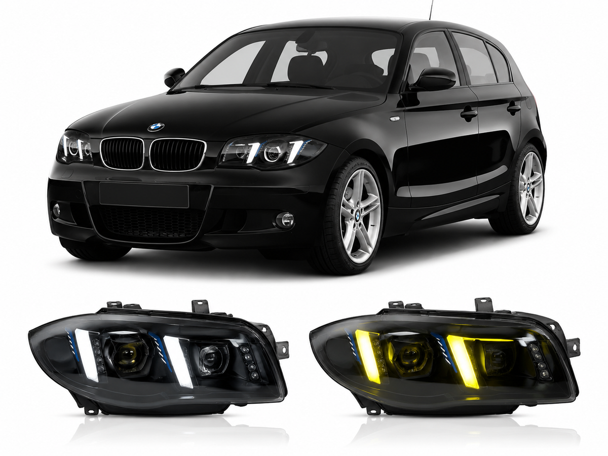 Vekto LED headlights for BMW 1 Series E81 E82 E87 2004-2011, showing close-up of the modern headlight design and LED lighting elements.