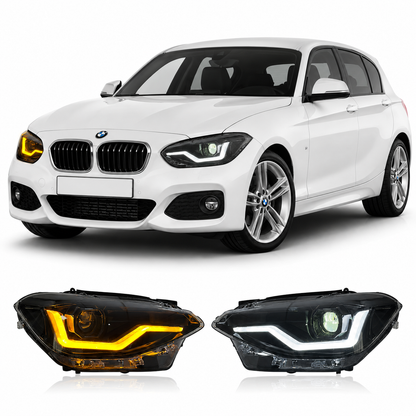 Vekto dual color LED headlights assembly for BMW 1 Series F20 (2012–2014), showcasing sleek design and bright illumination.