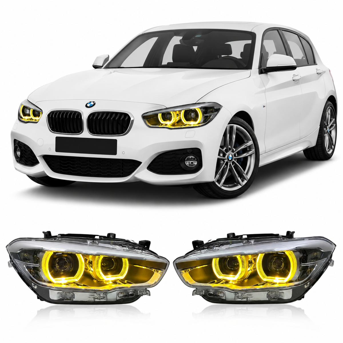 Vekto dual-color LED headlights for BMW F20 1 Series 2015-2018 showing sleek headlight design with dual-color LED beams.