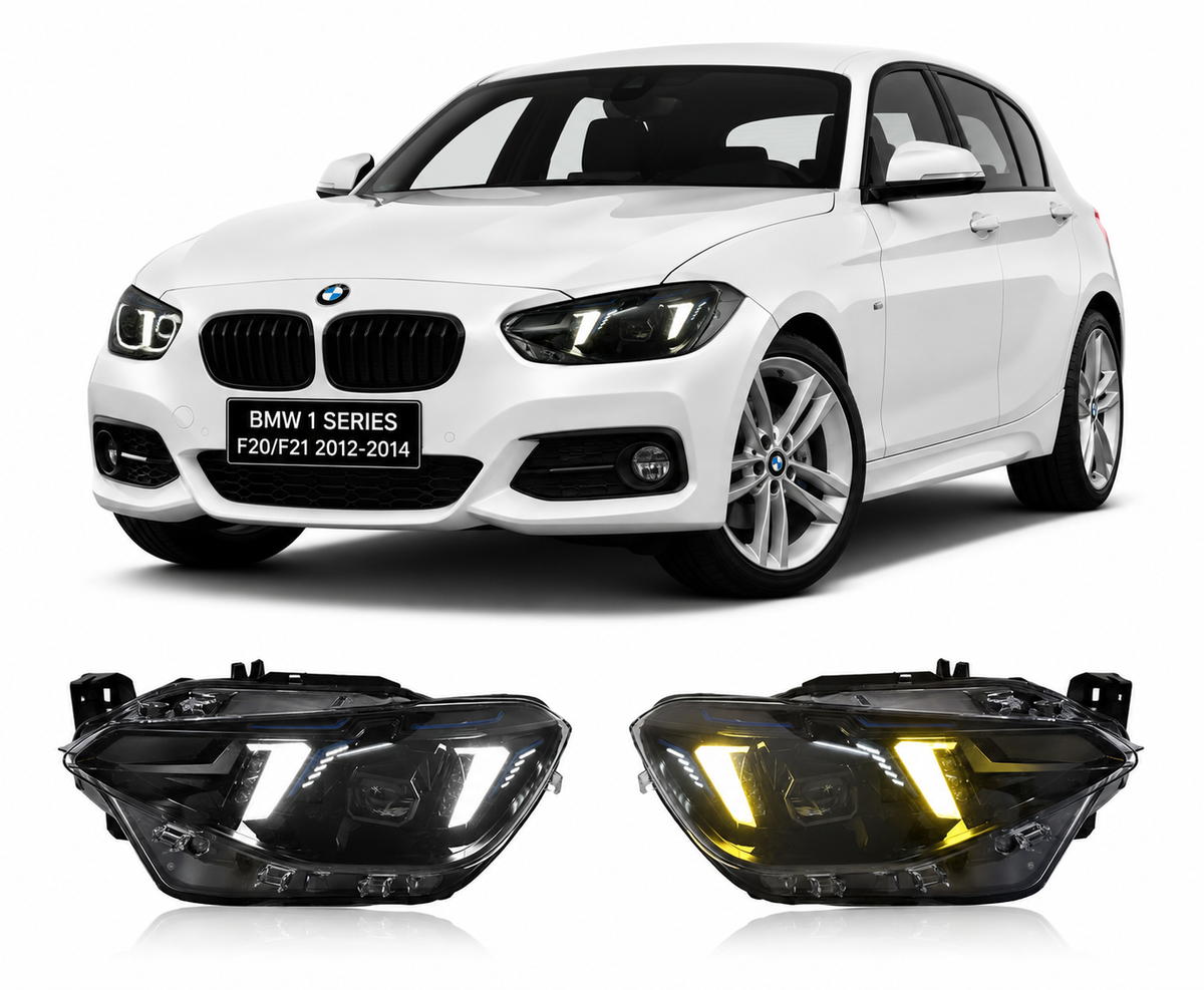 Vekto Snake Eyes LED headlights for BMW 1 Series F20 F21 2012-2014, showcasing sleek headlight design with LED accents.