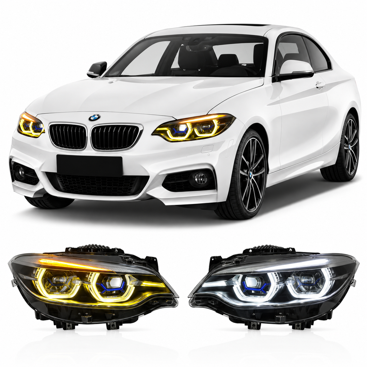 Vekto dual-color LED headlights for BMW 2 Series F22 2014-2020, showcasing sleek design and bright illumination.