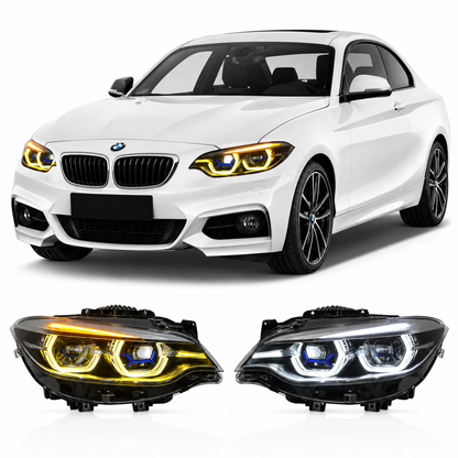 Vekto dual-color LED headlights for BMW 2 Series F22 2014-2020, showcasing sleek design and bright illumination.