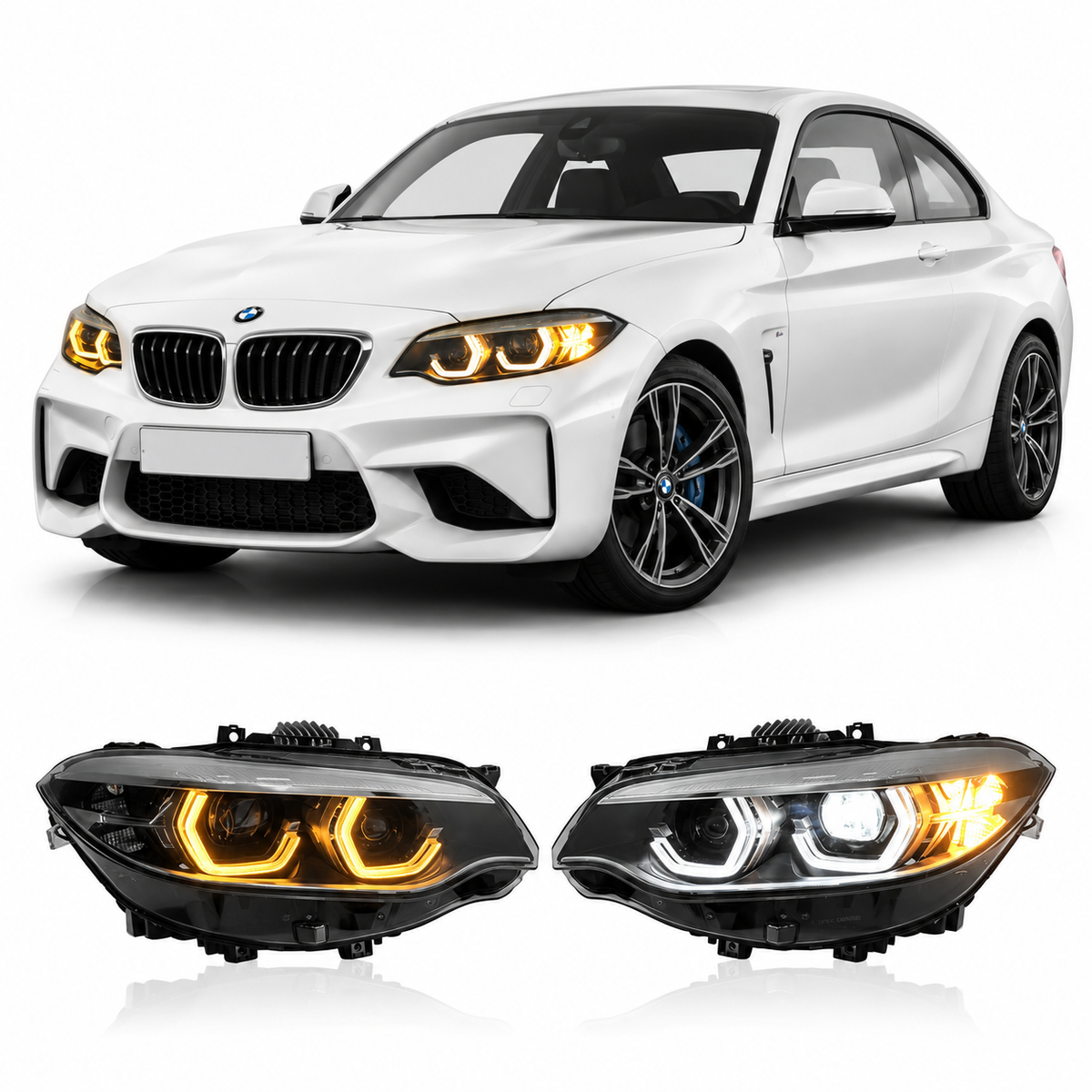 Vekto dual color LED headlights for BMW 2 Series F22 F87 models, showing sleek headlight assembly with LED light strips.