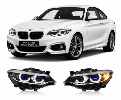 Vekto Laser Dual Lens LED Headlights for BMW 2 Series F22/F23 and M2 F87 2014-2021, showing sleek headlight design.